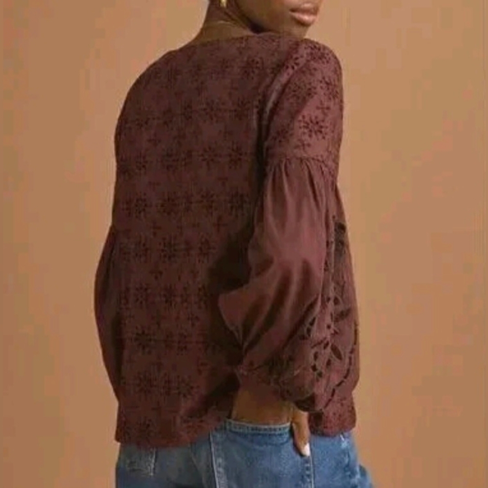 Anthropologie Top Rasberry Eyelet Embroidered Long Balloon Sleeve Size M - Picture 3 of 12